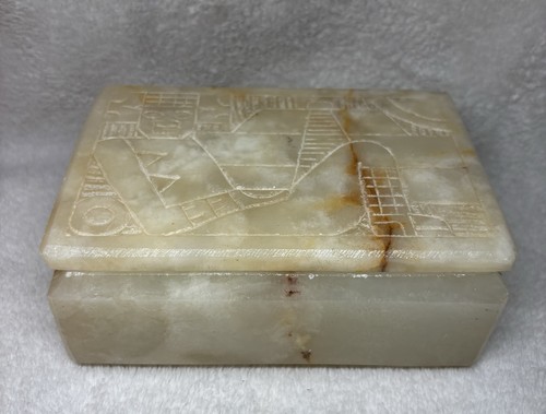 Antique Onyx Hinged Rectangular Box Raised Relief Aztec Vintage Heavy
