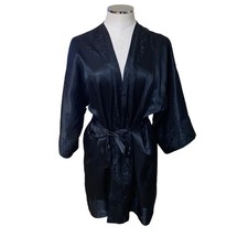 Victoria  s Secret Vintage Black Satin Long Sleeve Tie Waist Lounge Sleep Robe