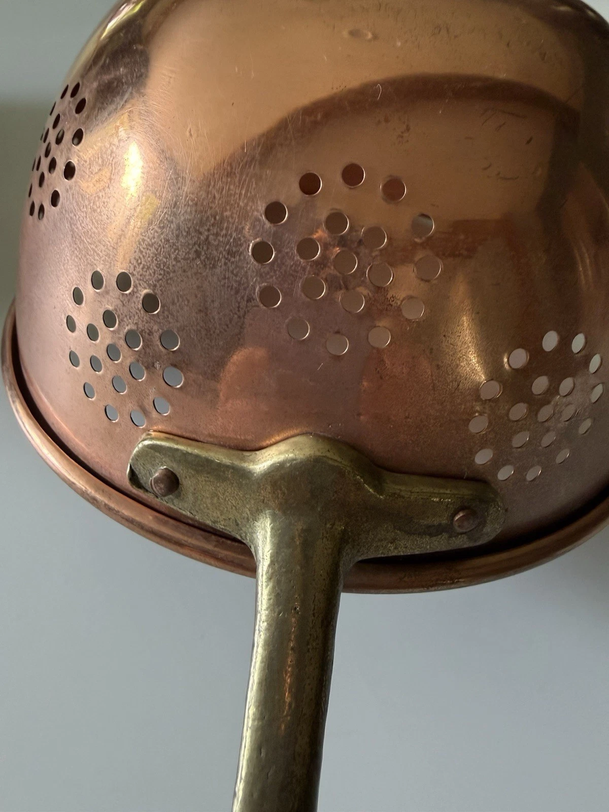 Antique vintage copper colander Jam strainer brass handle 6” Bowl
