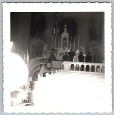 Vtg B&W Snapshot Wedding Ceremony Couple At Church Altar Priest 1950s