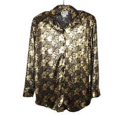 Retro 1980s Metallic Blouse Top M Gold Black Floral Leaves Shiny Party Glam