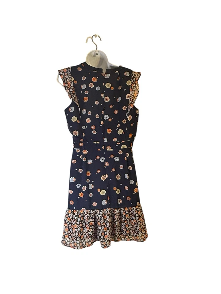 Maison Jules Navy Floral Sleeveless Dress Women’s Size 12 Ruffle Hem V-Neck - Image 2 of 4