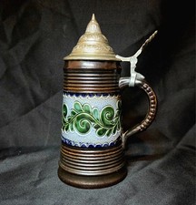 Vintage Marzi & Remy German Stoneware Vine Design Beer Stein Pewter Lid 8.5"