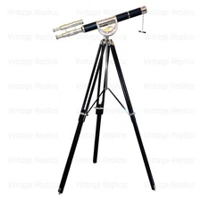 Antique Telescope  With Black Leather Wooden Wrap Tripod Stand Chrome Finish