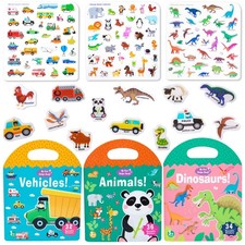 3 Pack Reusable Sticker Books for Toddlers 1-4 Years, Travel Activity Toys, Anim
