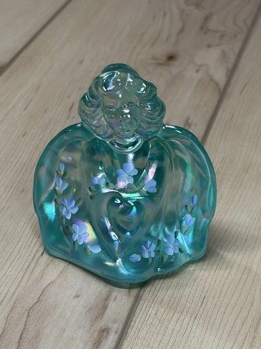 Fenton Art Glass Green Iridescent Angel Figurine Hand Painted Flowers Signed EXC