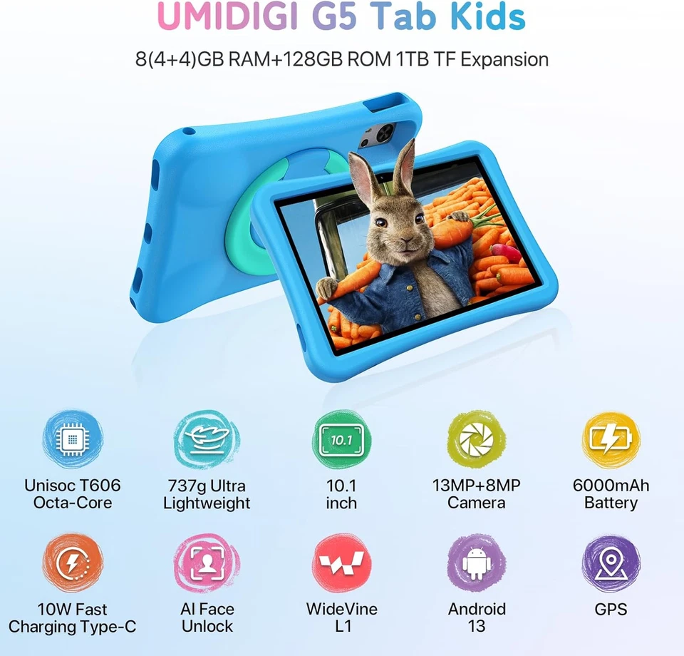 UMIIDIGI Tablet Bambini 10 Pollici,Controllo Genitori,8+128Gb, Android Tablet pe - Immagine 2 di 4