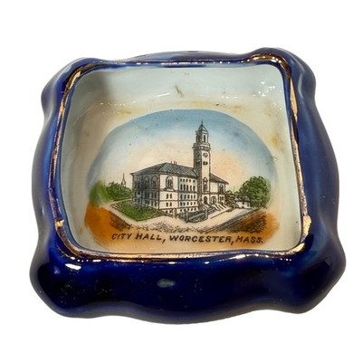 CITY HALL - WORCESTER MA Massachusetts Souvenir Porcelain COBALT TRINKET DISH