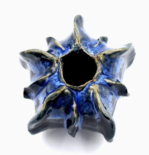 Pottery Vase Cobalt Blue Glaze Luffa Small 3.5 x 4 inch Nautical Coastal Decor - Picture 4 of 6