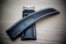 Cinturino orologio pelle di coccodrillo nero 20 mm cuciture bianche
