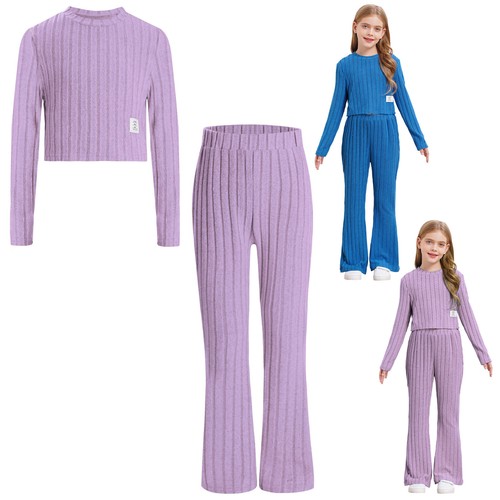 Kids Girls Sweater With Trousers Elastic Waistband Tracksuit Long Sleeve Flared - Picture 3 of 34