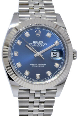 Rolex Datejust 41 Steel & White Gold Blue Diamond Dial Watch +Card '21 126334