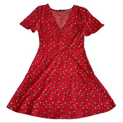 Zara Red Floral Print Skater Dress S 1971305022 Spring Summer