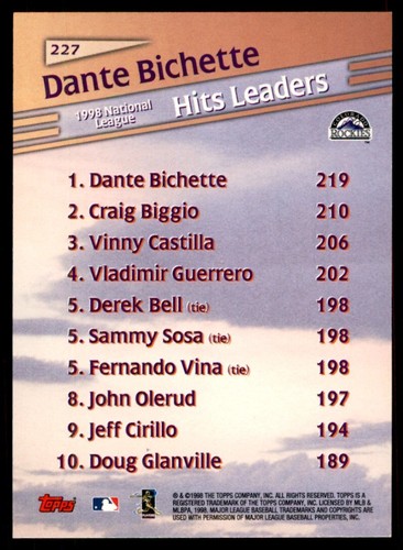 1999 Topps Baseball Card Dante Bichette M Colorado Rockies #227 - Picture 2 of 2