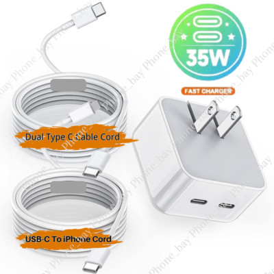 PD 35W Dual USB C Port Fast Charger Adapter Type C Cable For iPhone iPad Samsung