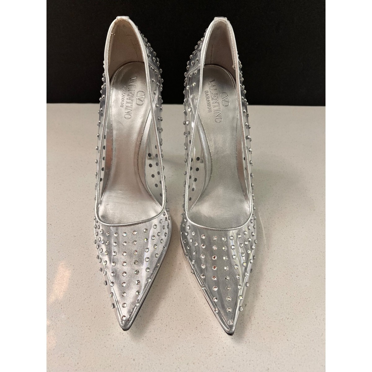 VALENTINO GARAVANI Rockstud embellished silver PVC pumps Heels