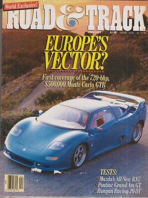 Road & Track April 1992 Europe's Vector? 729-bph Monte Carlo GTB, Mazda, Pontiac