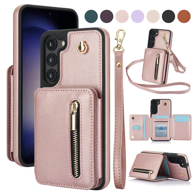 For Samsung S25 S24 S23 S22 S21 Leather Wallet Card Stand Case Crossbody Strap