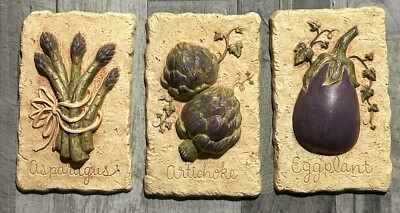 3 VEGGIE WALL PLAQUES Home Interiors TUSCAN  EGGPLANT ARTICHOKE ASPARAGUS W6