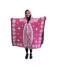 MEXICAN PONCHO WITH HOOD, VIRGEN DE GUADALUPE, BLANKET, ONE SIZE, HOT PINK
