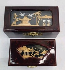 Vintage Set Chinese Red Lacquer Carved Cork Jewelry Trinket Boxes Birds Decor