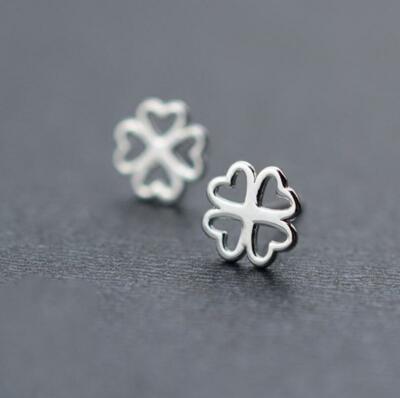 Fashion Lovely Flower Four-leaf Lucky Clover Silver Stud Earrings