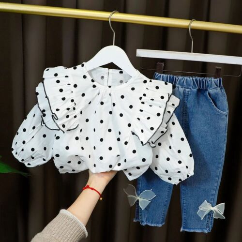Toddler Girl Dot Outfit Set Kids Girls Dot Lace Collar Long Denim Bows Trousers - Afbeelding 1 van 15