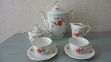 O.Schaller,Kernstück+2 Tassen+2 Unterteller, Kanne, Zucker,Sahne mit Blumendekor