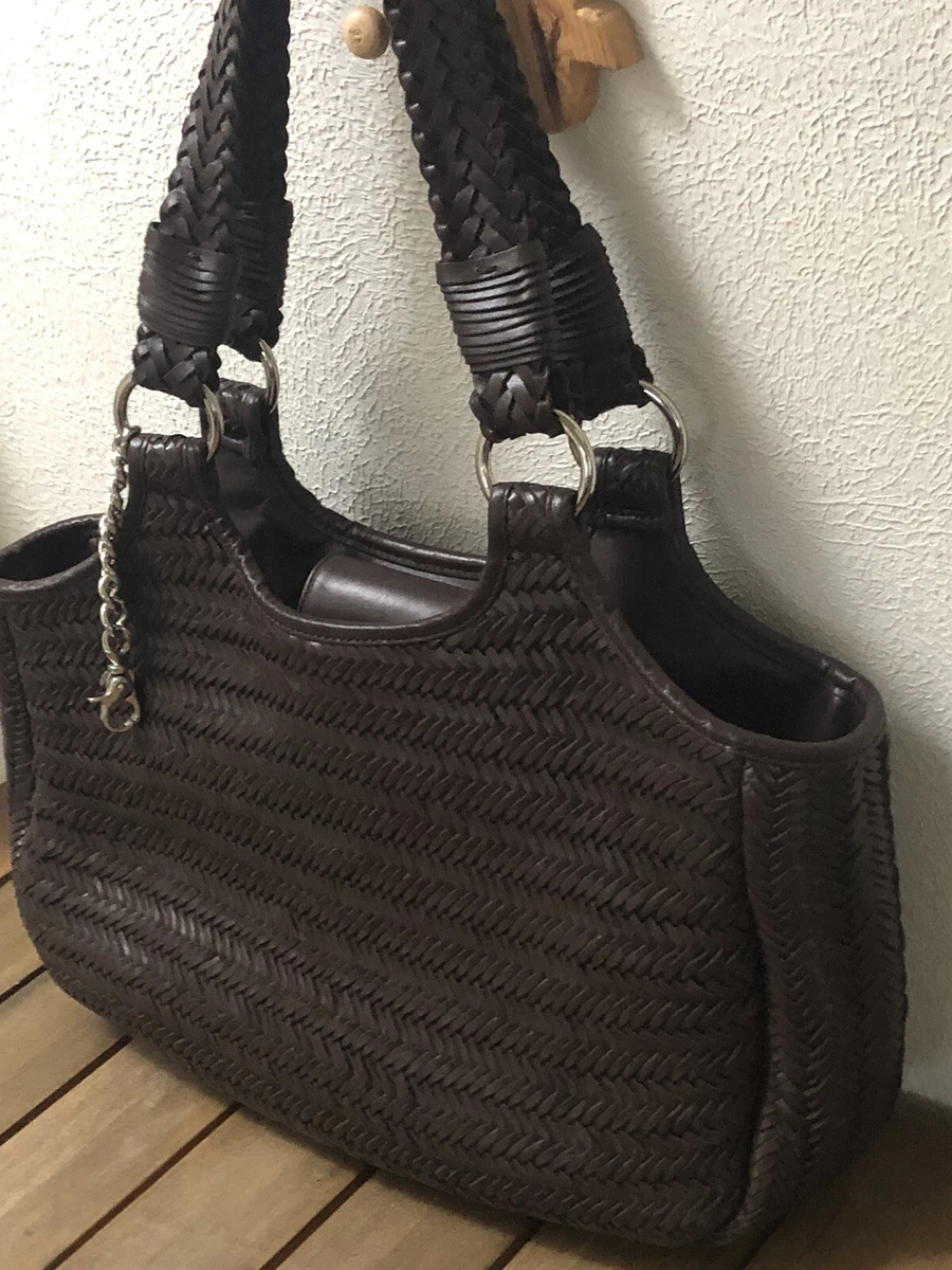Donald J Pliner Woven Leather Purse Brown Handbag Shoulder Tote NWOT High End