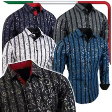 Shiny Floral Shirt Velvet Designer Stripe Italian Men Stretch Slim Fit Button Up