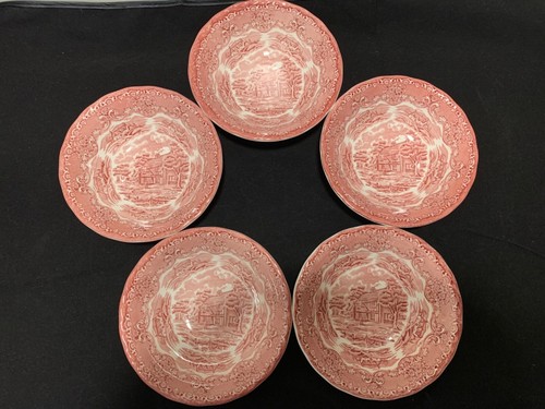 W. H. Grindley 5 Cereal Bowls 6 3/4" PINK Transferware ENGLISH COUNTRY INNS - Picture 4 of 8