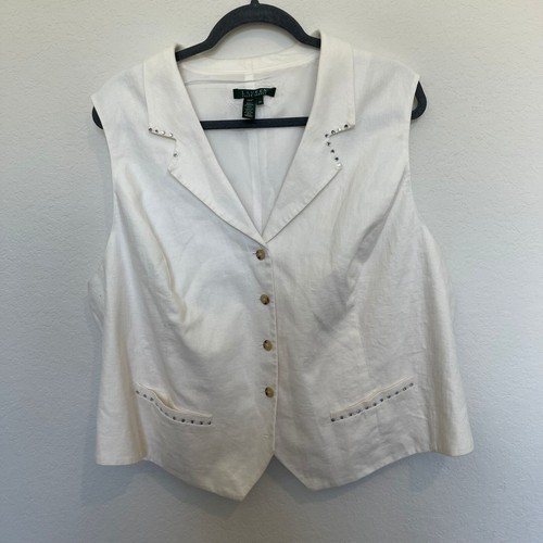 Lauren Ralph Lauren Women's 100% Linen Vest White 2X Classic Breathable Oldmoney