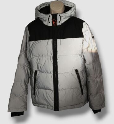 $226 DKNY Men's Gray Mixed-Media Hooded Puffer Coat Jacket Size M
