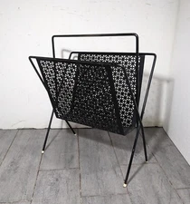 Vintage Mid Century Modern Atomic Black Metal Iron Magazine Rack Perforated