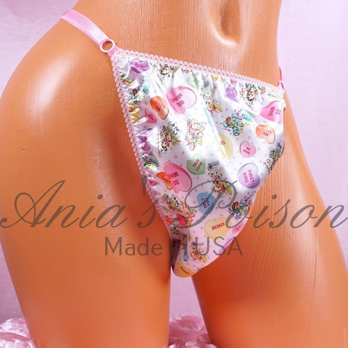 Satin Sissy VALENTINE'S Panties MEN's ADJUSTABLE Conversation Hearts THONG - Picture 1 of 5