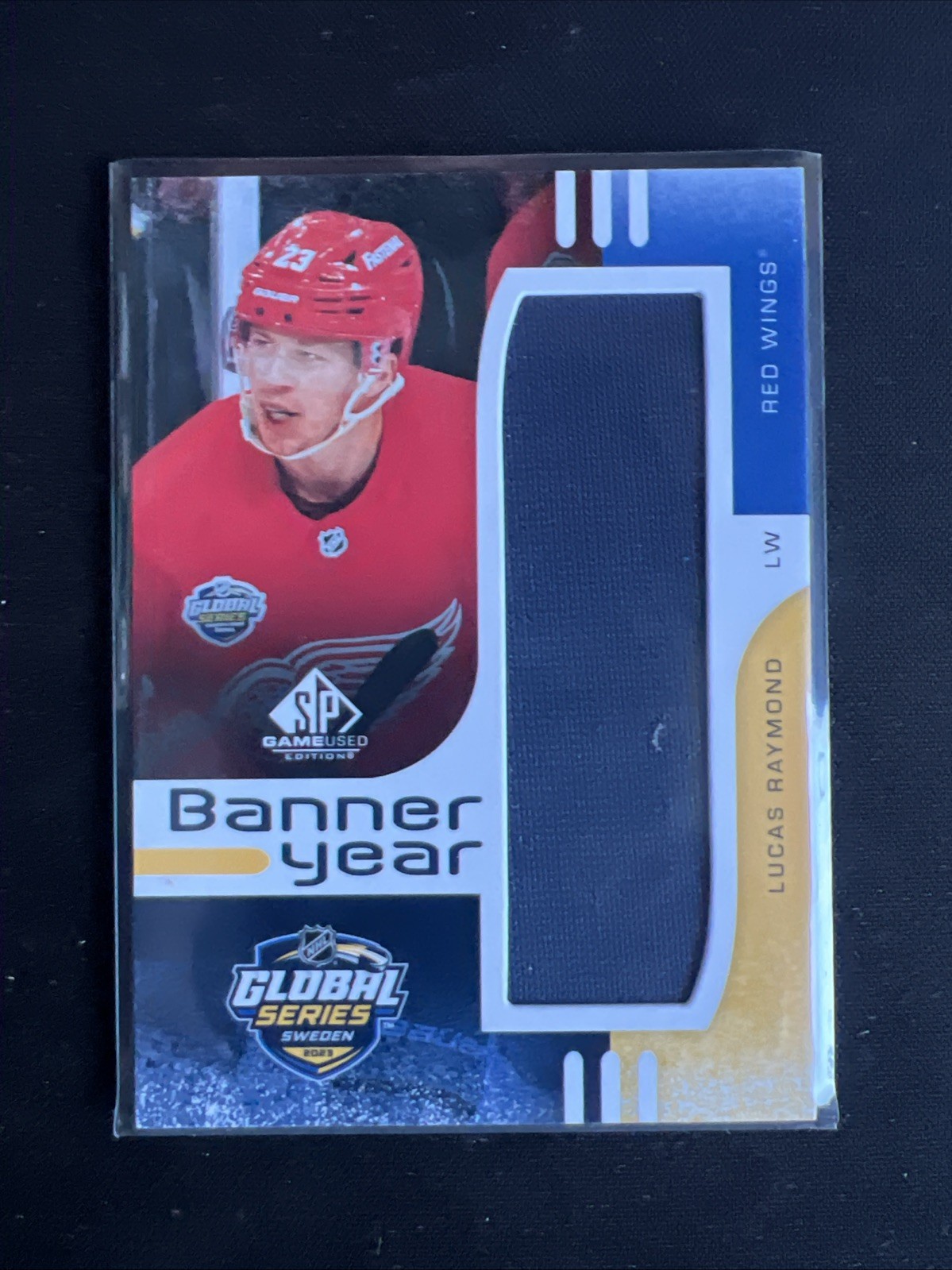 Lucas Raymond #BYGS-LR Hockey Cards 2024 SP Game Used Global Series Sweden Banner Year Relic trading card — raw and PSA graded price guide