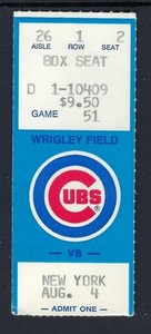 1986 Aug 4 Wrigley Field ticket stub Chicago Cubs NY Mets Eckersley WP