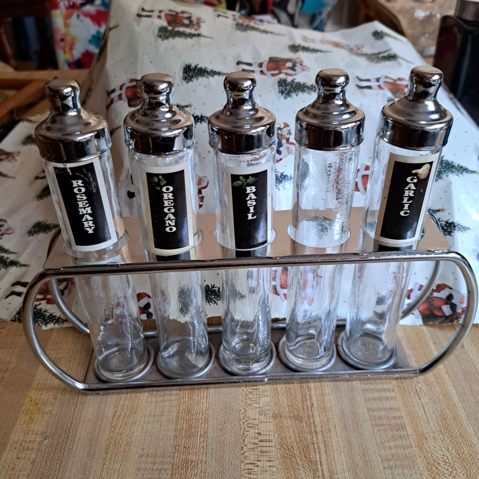 Vintage MSRF Chrome Spice rack w 5 x Glass Jars 7" long Screw Top Lid