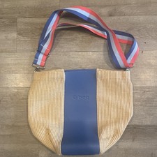Borsa a tracolla vintage Obag Italy tessuto a righe blu con cinghie rosse + blu 12” x 15”