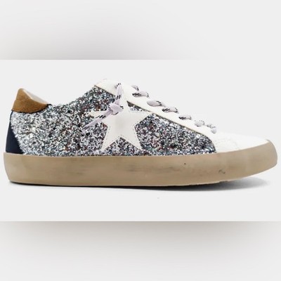 SHU SHOP Glitter Sneaker Shoe Golden Suede Leather PAULA Star White Silver 6.5