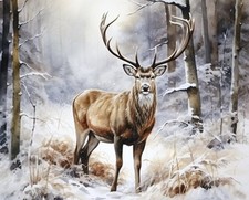 Winter Stag Deer Buck in Snow Large 36x44 Digital Cotton Fabric Panel
