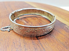Vintage Gold Tone Floral Design Hinged Bangle Bracelet with Safety Chain — photo 1