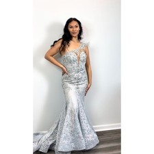 Mac Duggal Mermaid Gown Dress in Crystal Blue Size 6 Embellished Lace Cocktail
