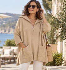 BAREFOOT DREAMS SOFT CAMEL COZYCHIC LITE HALF ZIP ROLLED EDGE TUNIC SWEATER S/M