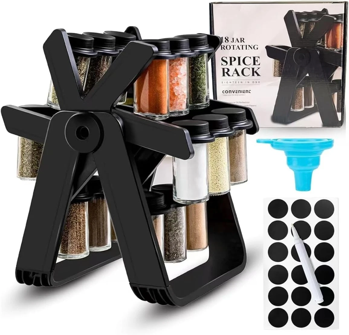 Rotating Spice Rack Organizer, spice jars,18 Glass Jars, 18 jar rotating spice