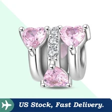 KUNSIR 925 Sterling Silver Pink Heart Charm For Women Bracelet or Necklace DIY