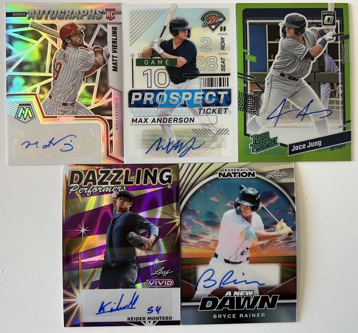 Detroit Tigers RC Lot 5 AUTO RAINER /15 Max Anderson Vierling Jung /50 Montero