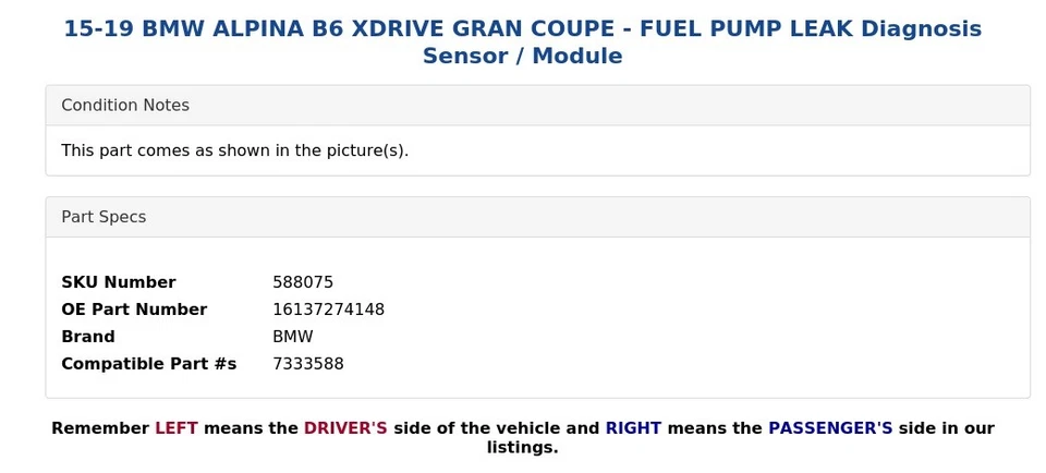 BMW ALPINA B6 XDRIVE GRAN CUPÉ 15-19 - BOMBA DE COMBUSTIBLE FUGAS Sensor/Módulo Diagnóstico Foto 3 de 3