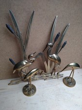 Wandbild + 2 Kraniche ? Relief Messing 50er 60er Reiher ? Schilf See Ufer alt