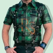 Men's Green Leather Shirt Check Print Style Shirt Genuine Lambskin Leather Shirt